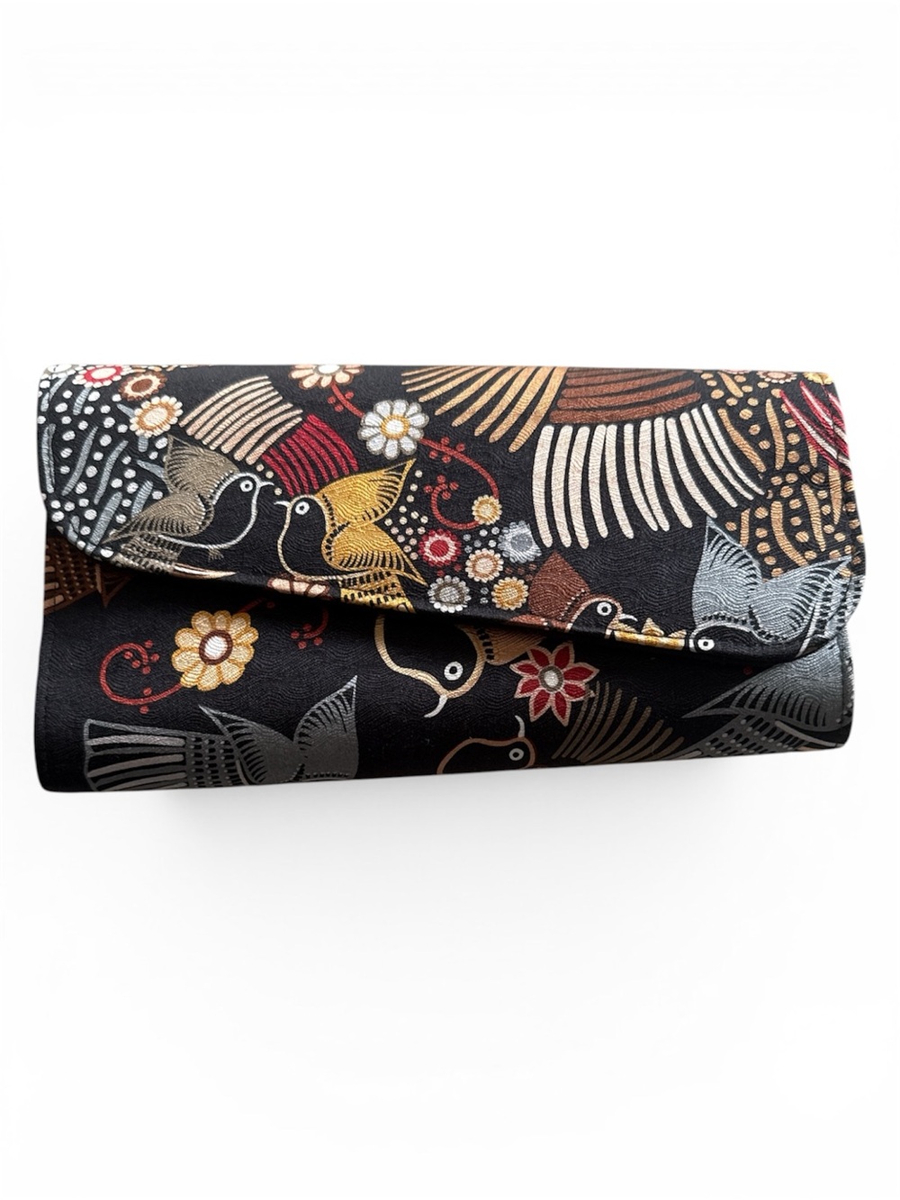 Pineda Covalin Silk Black Embroidered Bird & Floral Clutch